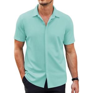 COOFANDY Mens Short Sleeve Wrinkle Free Shirt Casual Button Down Shirt Summer Dress Shirt(Slight Blue)