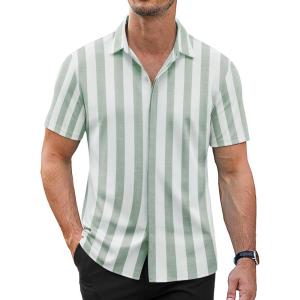 COOFANDY Mens Short Sleeve Wrinkle Free Shirt Casual Button Down Shirt Summer Dress Shirt(Stripe-green&white)