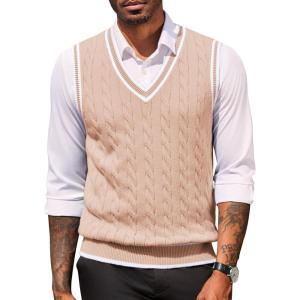 COOFANDY Sweater Vest for Men Regular Fit V Neck Sleeveless Knitted Pullovers Sweater(Light Khaki)