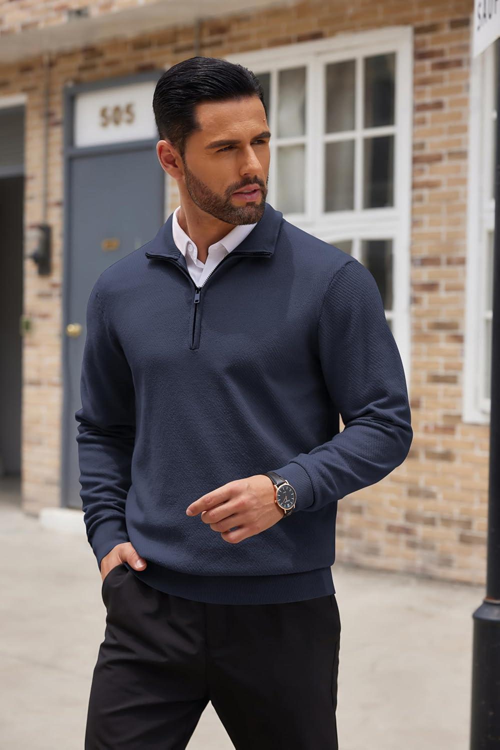 imageCOOFANDY Mens Quarter Zip Pullover Casual Long Sleeve Sweater Slim Fit Sweater Mock Neck Polo SweaterNavy Blue