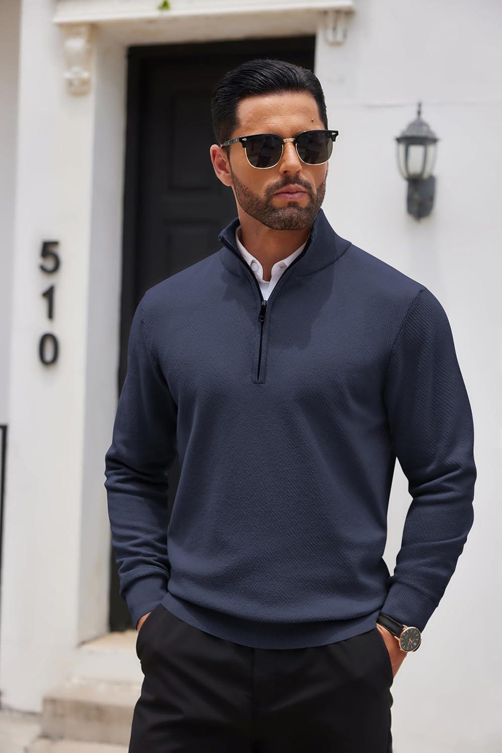 imageCOOFANDY Mens Quarter Zip Pullover Casual Long Sleeve Sweater Slim Fit Sweater Mock Neck Polo SweaterNavy Blue