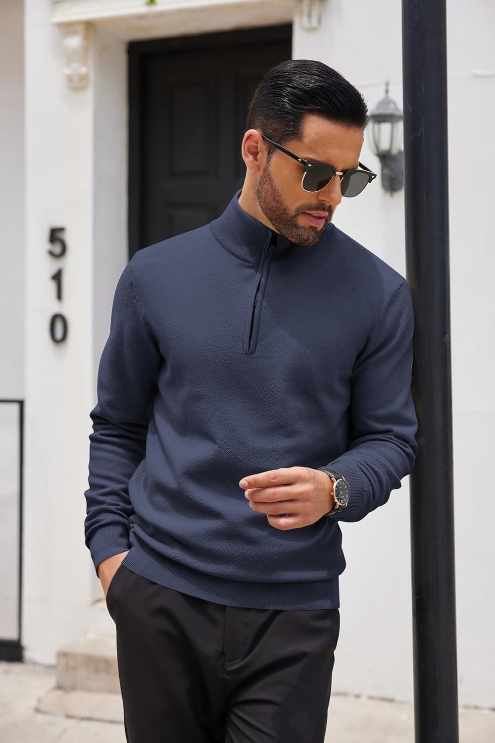 imageCOOFANDY Mens Quarter Zip Pullover Casual Long Sleeve Sweater Slim Fit Sweater Mock Neck Polo SweaterNavy Blue