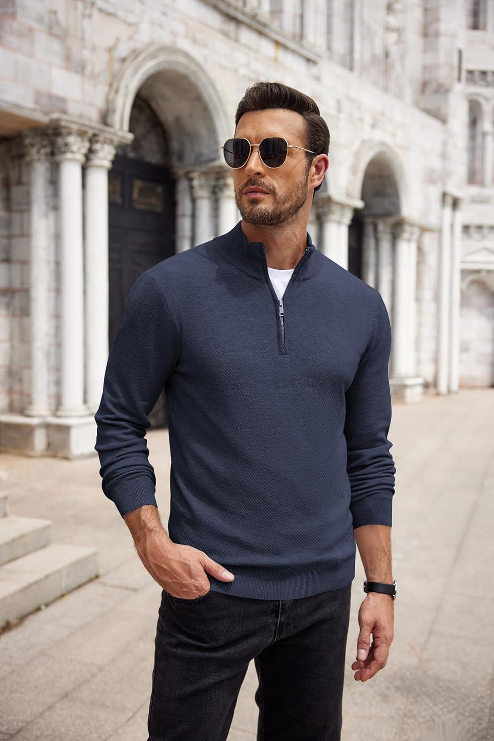 imageCOOFANDY Mens Quarter Zip Pullover Casual Long Sleeve Sweater Slim Fit Sweater Mock Neck Polo SweaterNavy Blue