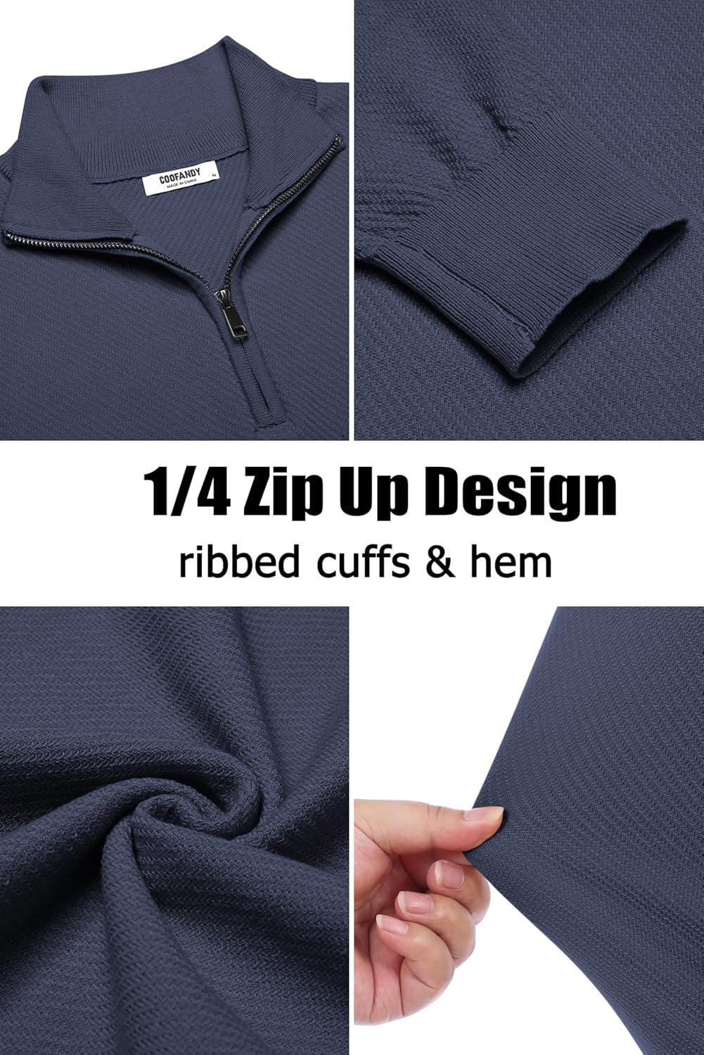 imageCOOFANDY Mens Quarter Zip Pullover Casual Long Sleeve Sweater Slim Fit Sweater Mock Neck Polo SweaterNavy Blue