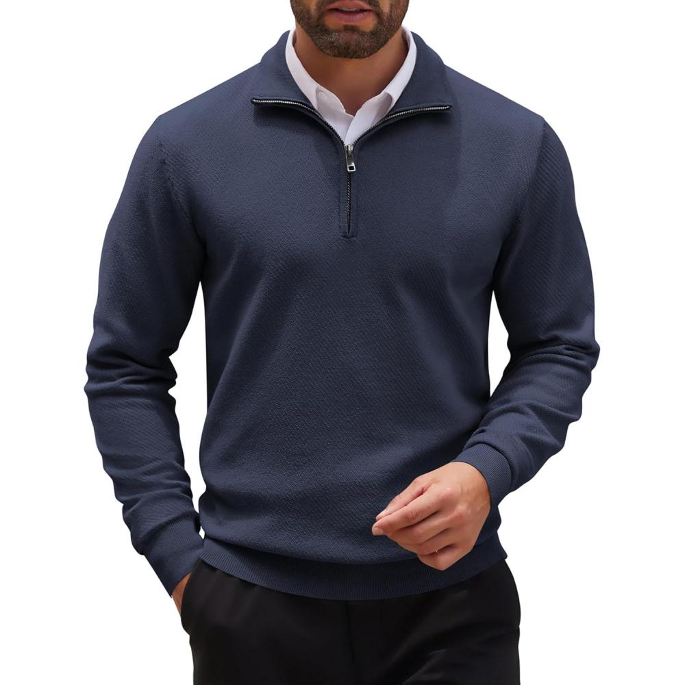 imageCOOFANDY Mens Quarter Zip Pullover Casual Long Sleeve Sweater Slim Fit Sweater Mock Neck Polo SweaterNavy Blue