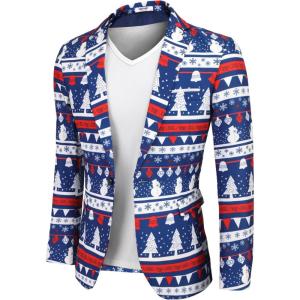 COOFANDY Men’s Christmas Blazer Jacket One Button Halloween Sport Coat Christmas Party Holiday Jacket(Christmas Blazer – Snowman & Tree)