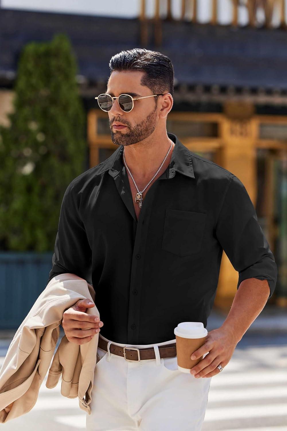 imageCOOFANDY Mens Long Sleeve Button Down Shirts Casual Untucked Shirts for Men Dress Shirts Wedding ShirtsA Black