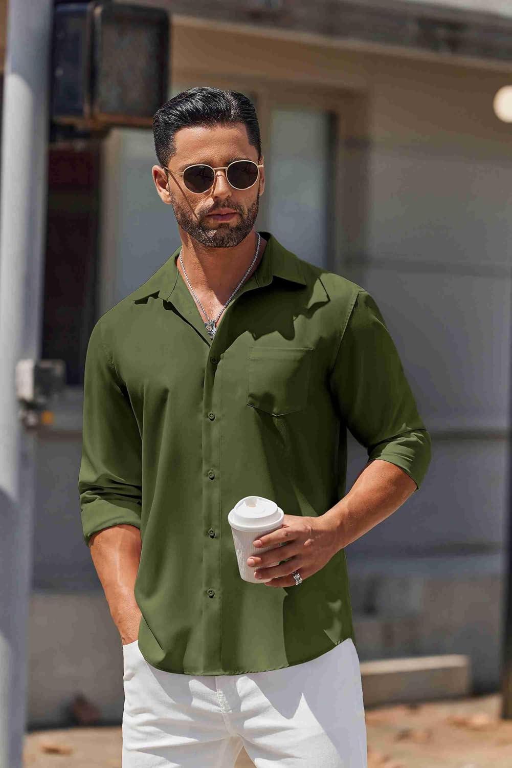 imageCOOFANDY Mens Long Sleeve Button Down Shirts Casual Untucked Shirts for Men Dress Shirts Wedding ShirtsArmy Green