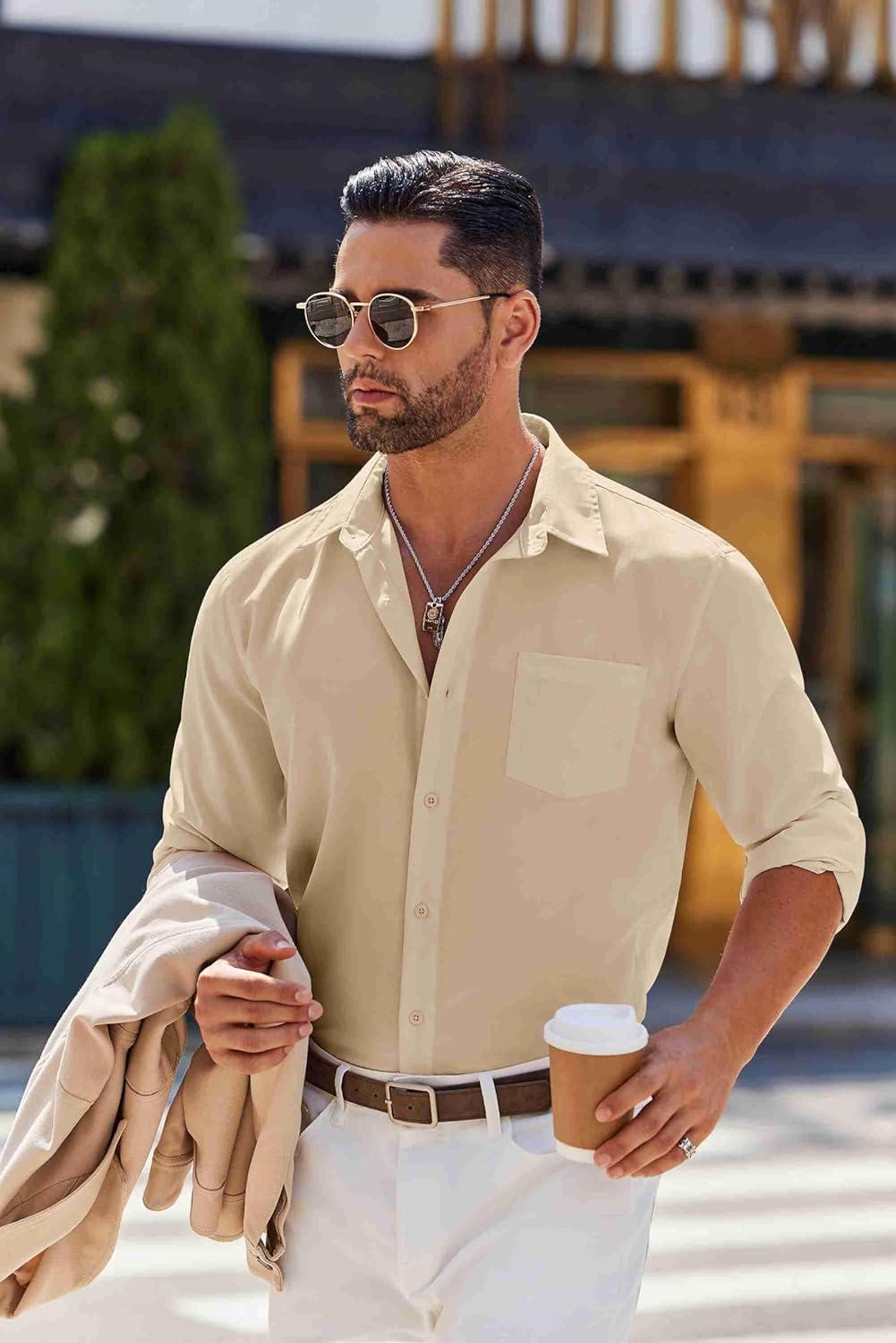 imageCOOFANDY Mens Long Sleeve Button Down Shirts Casual Untucked Shirts for Men Dress Shirts Wedding ShirtsBeige