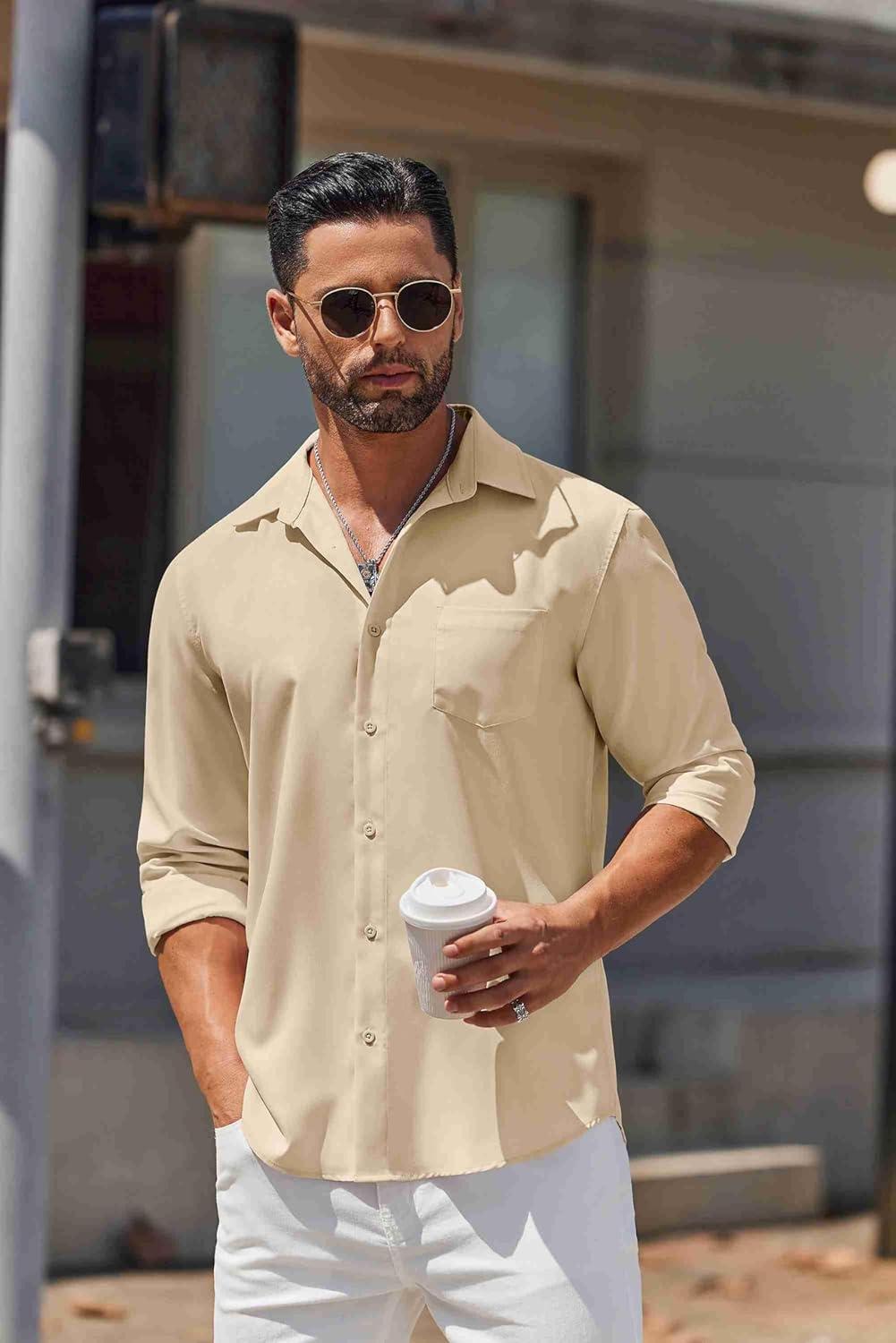imageCOOFANDY Mens Long Sleeve Button Down Shirts Casual Untucked Shirts for Men Dress Shirts Wedding ShirtsBeige