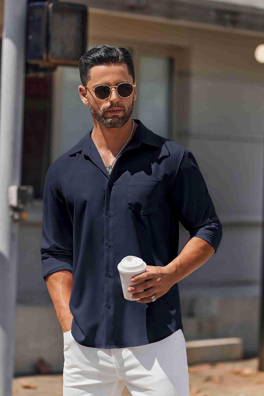 imageCOOFANDY Mens Long Sleeve Button Down Shirts Casual Untucked Shirts for Men Dress Shirts Wedding ShirtsDark Blue