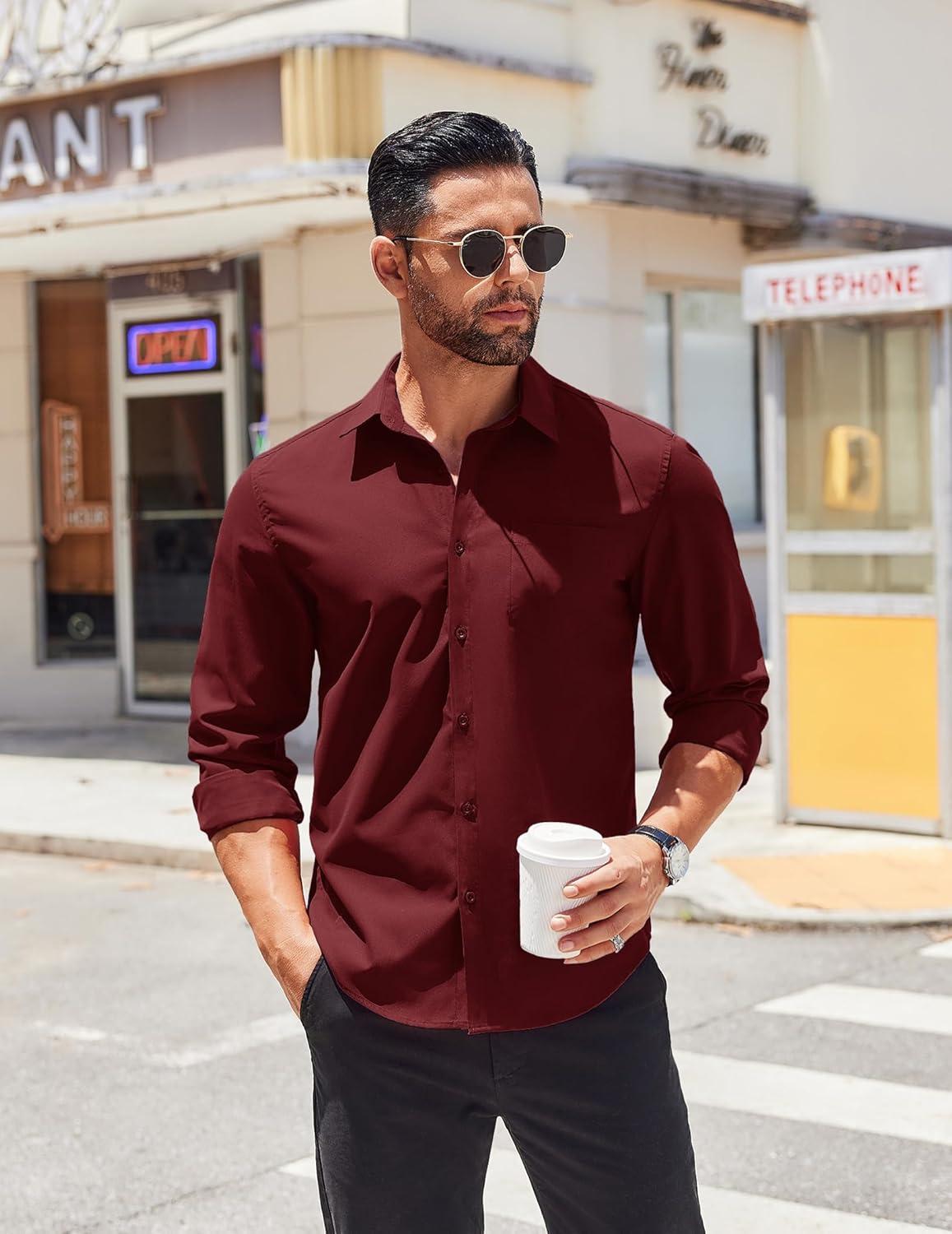 imageCOOFANDY Mens Long Sleeve Button Down Shirts Casual Untucked Shirts for Men Dress Shirts Wedding ShirtsDark Red