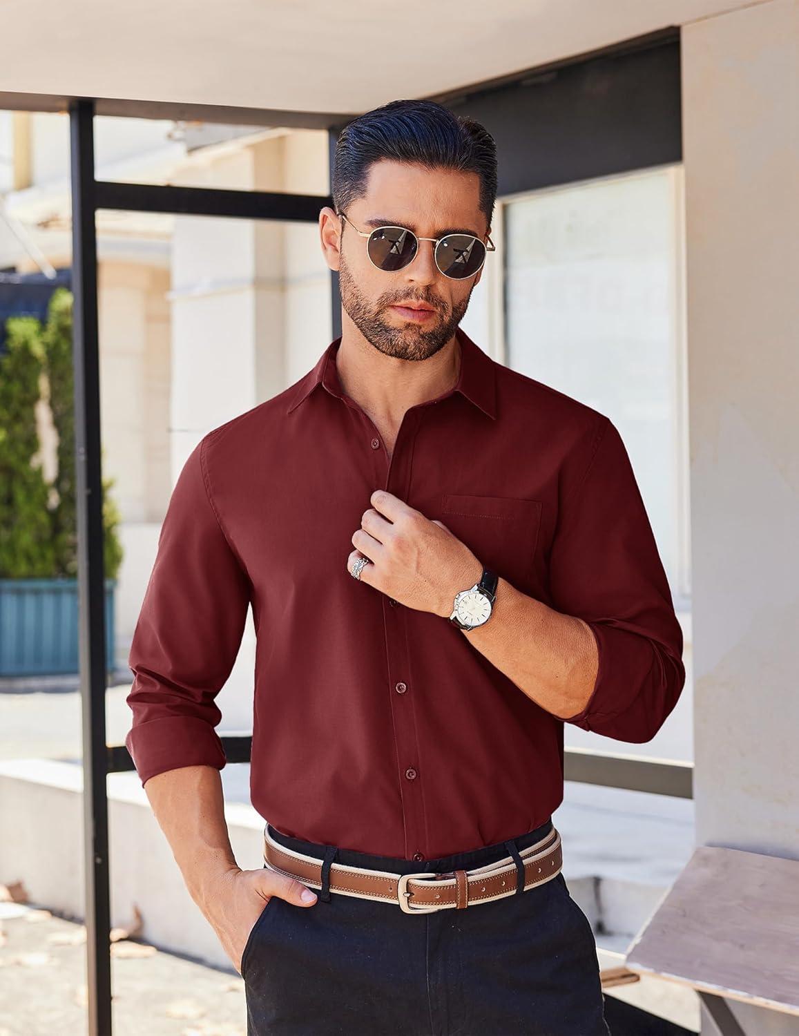 imageCOOFANDY Mens Long Sleeve Button Down Shirts Casual Untucked Shirts for Men Dress Shirts Wedding ShirtsDark Red