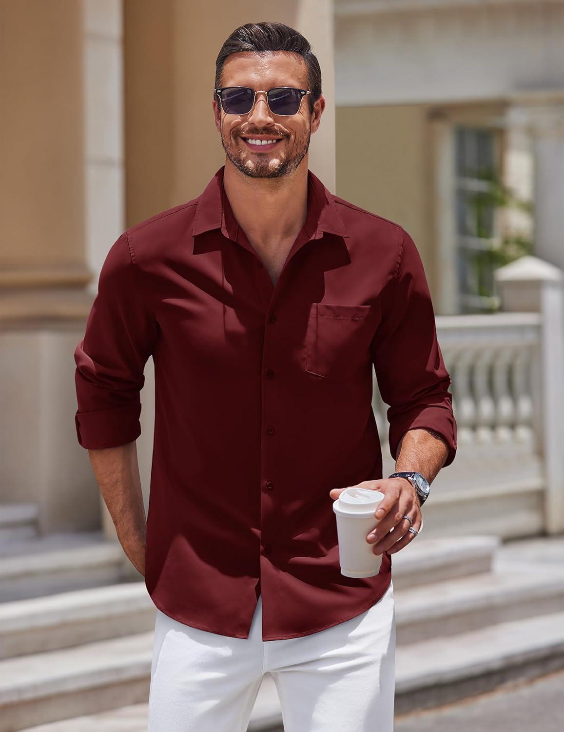 imageCOOFANDY Mens Long Sleeve Button Down Shirts Casual Untucked Shirts for Men Dress Shirts Wedding ShirtsDark Red