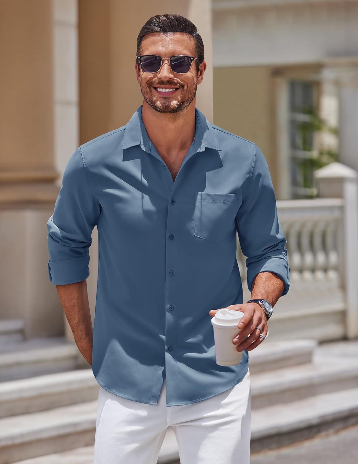 imageCOOFANDY Mens Long Sleeve Button Down Shirts Casual Untucked Shirts for Men Dress Shirts Wedding ShirtsGrey Blue