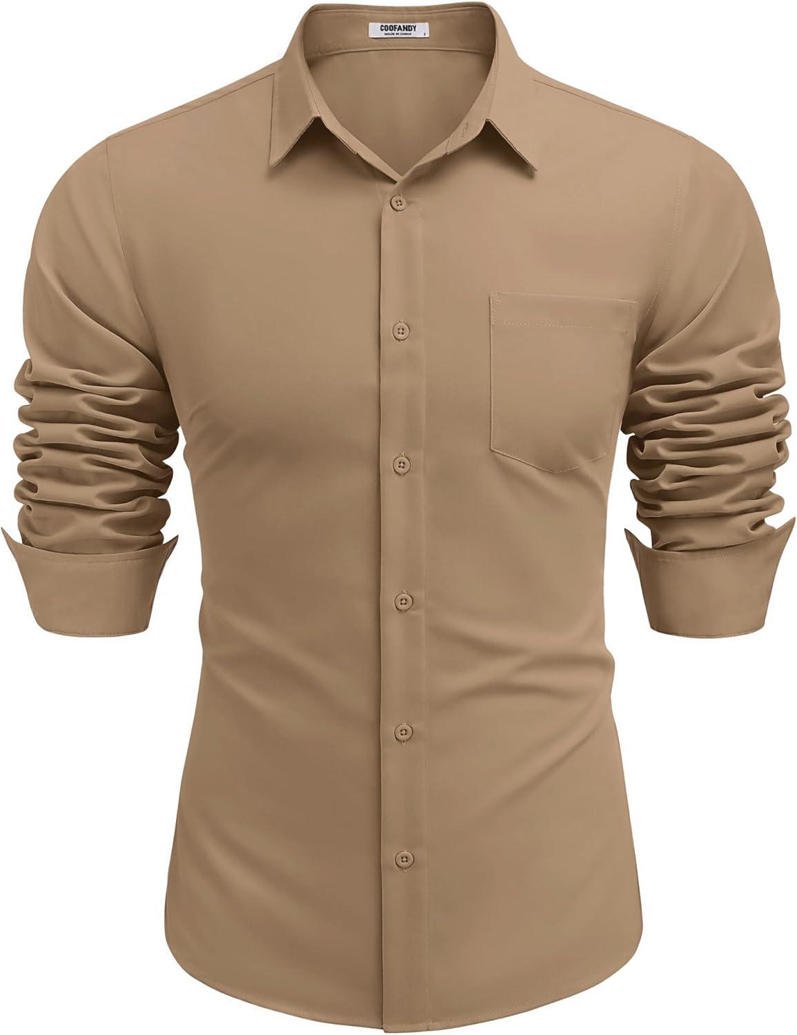 imageCOOFANDY Mens Long Sleeve Button Down Shirts Casual Untucked Shirts for Men Dress Shirts Wedding ShirtsKhaki
