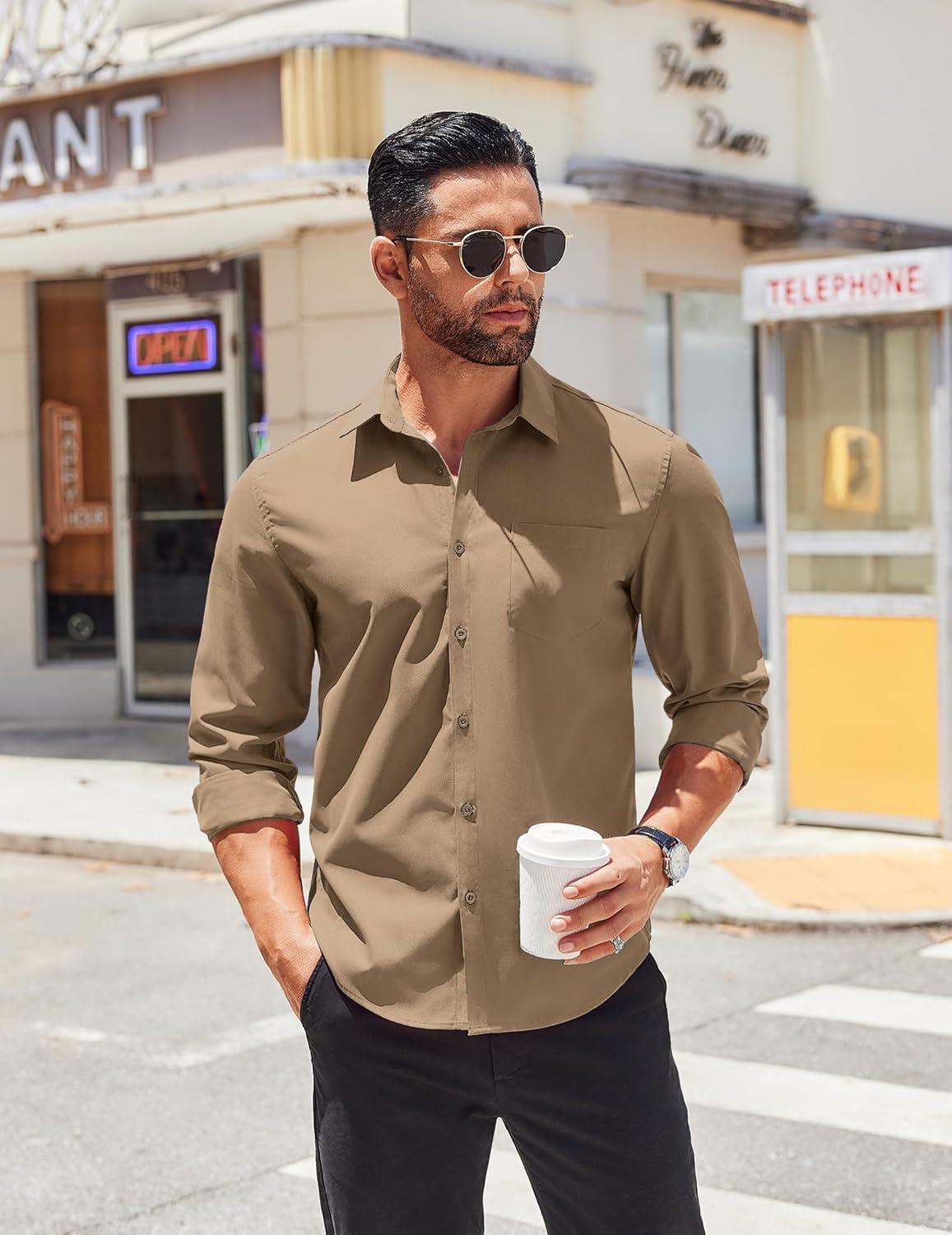 imageCOOFANDY Mens Long Sleeve Button Down Shirts Casual Untucked Shirts for Men Dress Shirts Wedding ShirtsKhaki