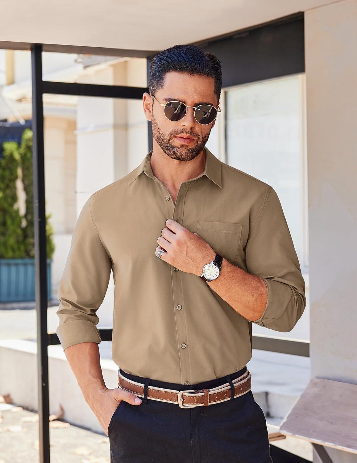 imageCOOFANDY Mens Long Sleeve Button Down Shirts Casual Untucked Shirts for Men Dress Shirts Wedding ShirtsKhaki