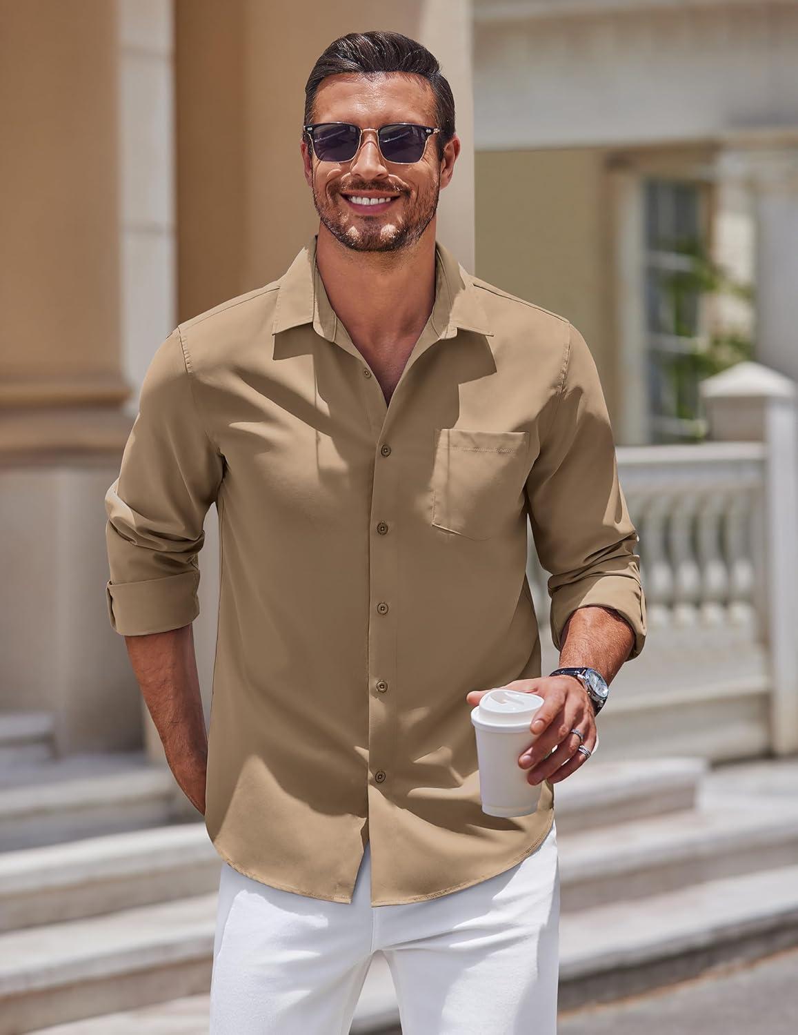 imageCOOFANDY Mens Long Sleeve Button Down Shirts Casual Untucked Shirts for Men Dress Shirts Wedding ShirtsKhaki