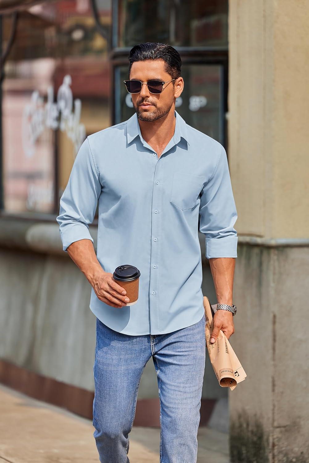 imageCOOFANDY Mens Long Sleeve Button Down Shirts Casual Untucked Shirts for Men Dress Shirts Wedding ShirtsLight Blue