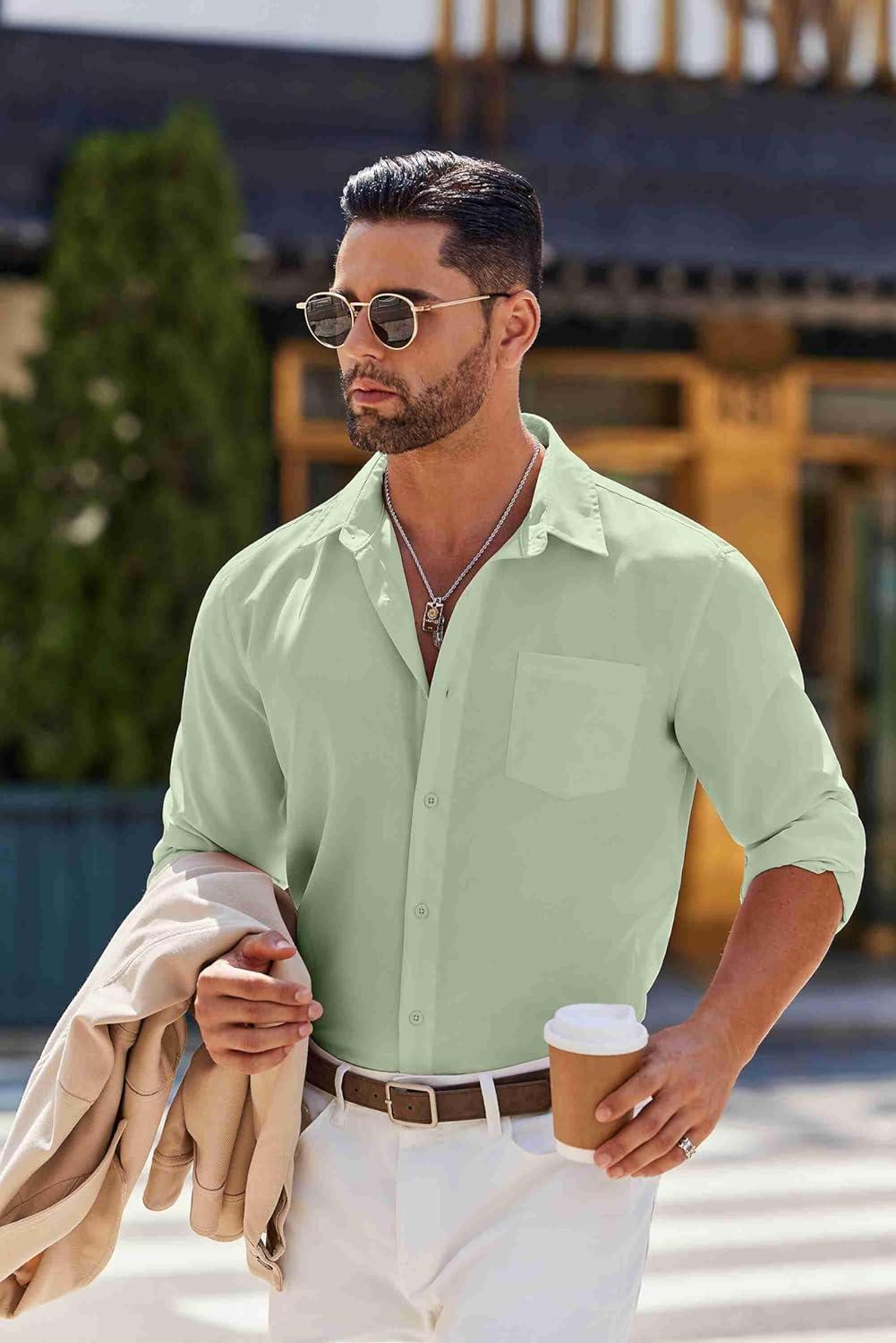 imageCOOFANDY Mens Long Sleeve Button Down Shirts Casual Untucked Shirts for Men Dress Shirts Wedding ShirtsLight Green