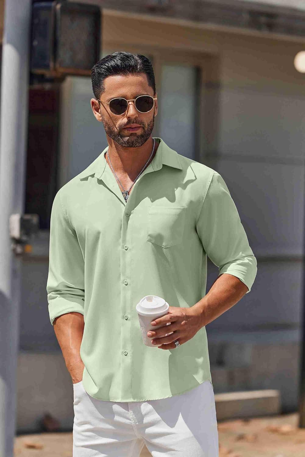 imageCOOFANDY Mens Long Sleeve Button Down Shirts Casual Untucked Shirts for Men Dress Shirts Wedding ShirtsLight Green