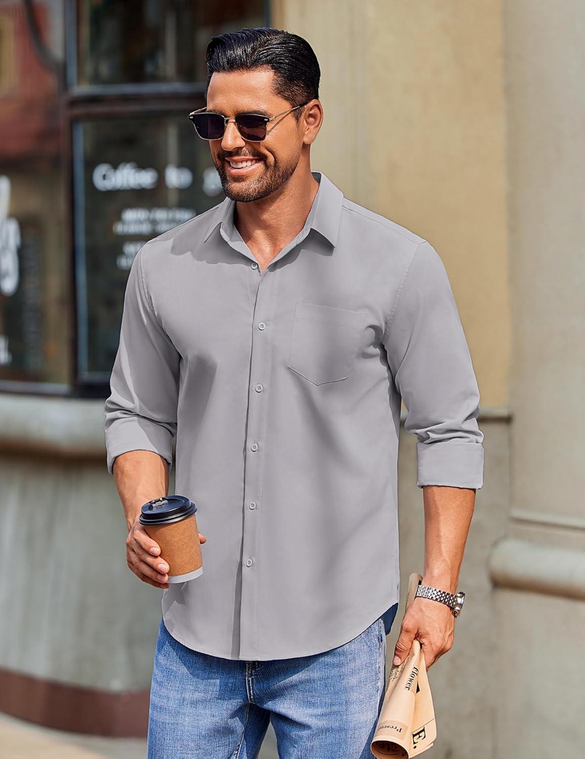 imageCOOFANDY Mens Long Sleeve Button Down Shirts Casual Untucked Shirts for Men Dress Shirts Wedding ShirtsLight Grey