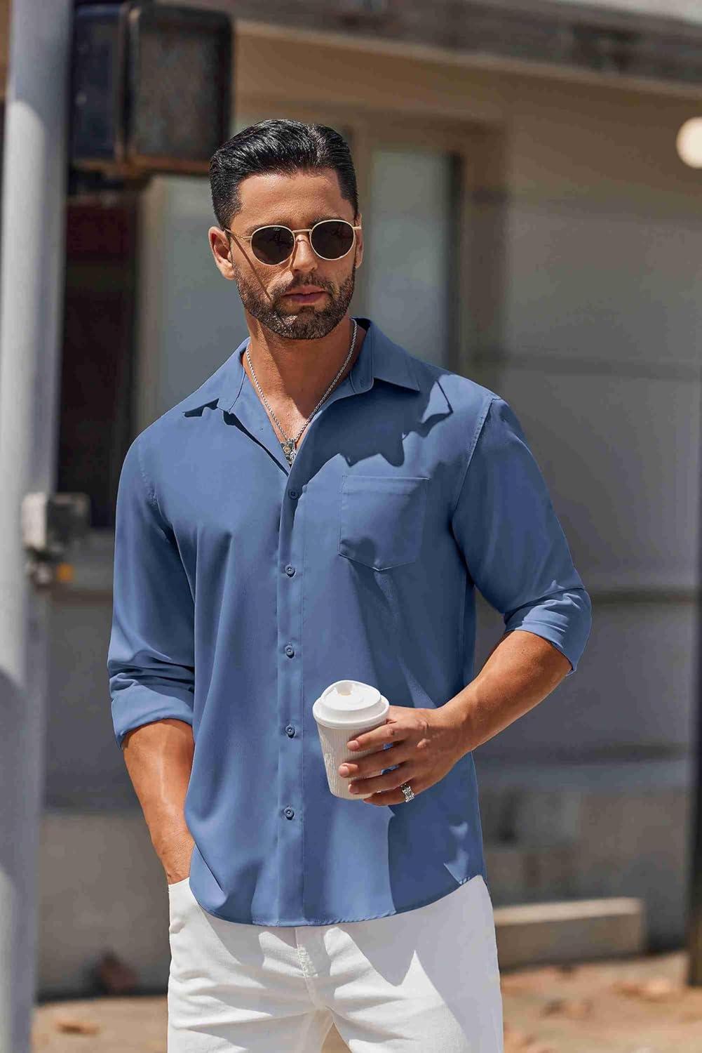 imageCOOFANDY Mens Long Sleeve Button Down Shirts Casual Untucked Shirts for Men Dress Shirts Wedding ShirtsNavy Blue