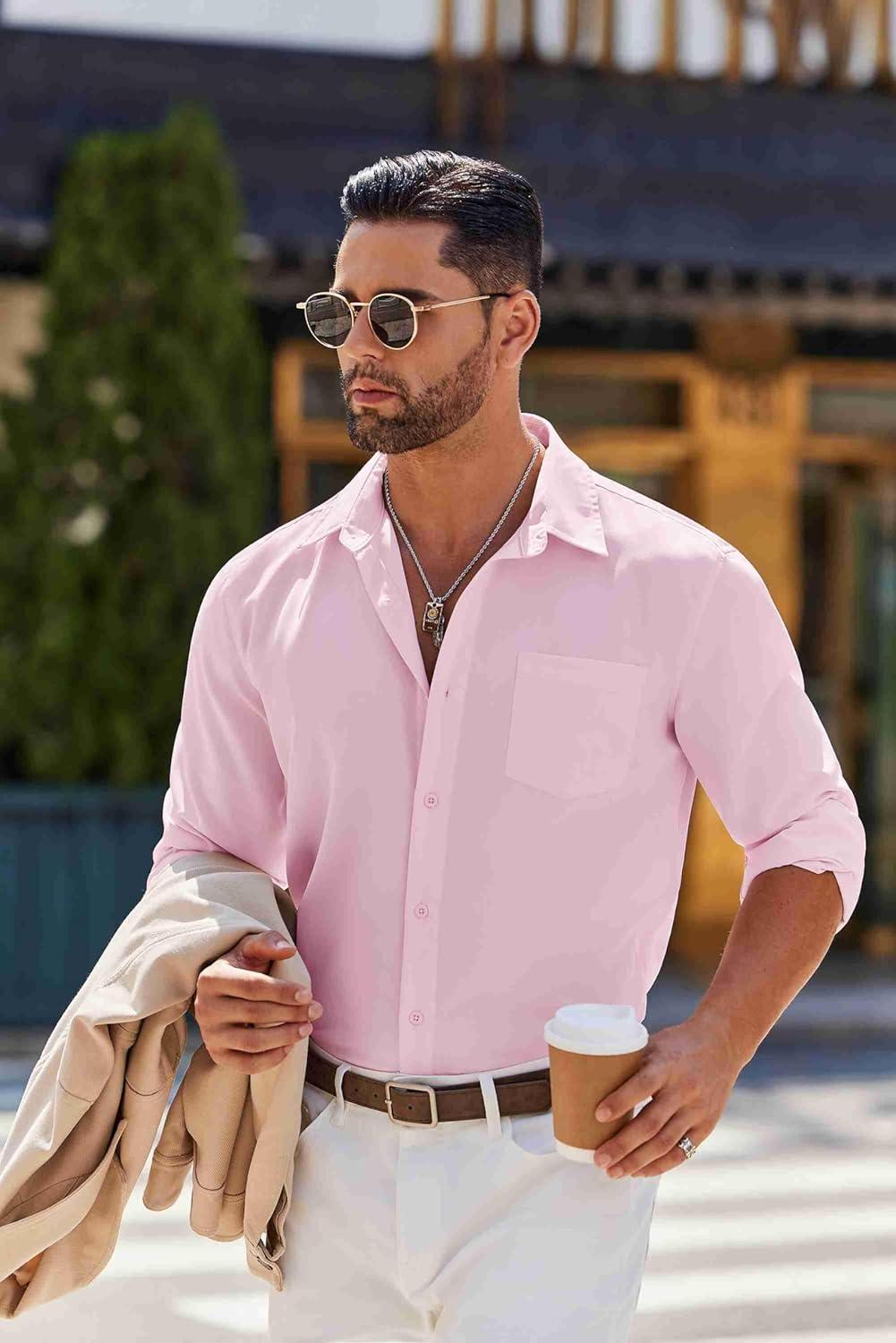 imageCOOFANDY Mens Long Sleeve Button Down Shirts Casual Untucked Shirts for Men Dress Shirts Wedding ShirtsPink