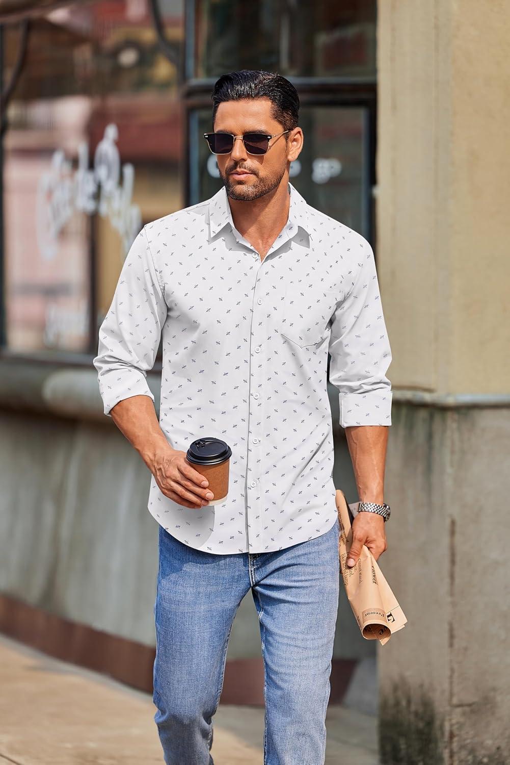 imageCOOFANDY Mens Long Sleeve Button Down Shirts Casual Untucked Shirts for Men Dress Shirts Wedding ShirtsTrianglewhite