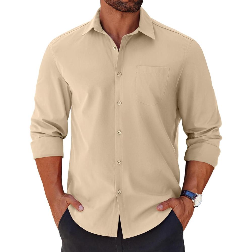 imageCOOFANDY Mens Long Sleeve Button Down Shirts Casual Untucked Shirts for Men Dress Shirts Wedding ShirtsBeige