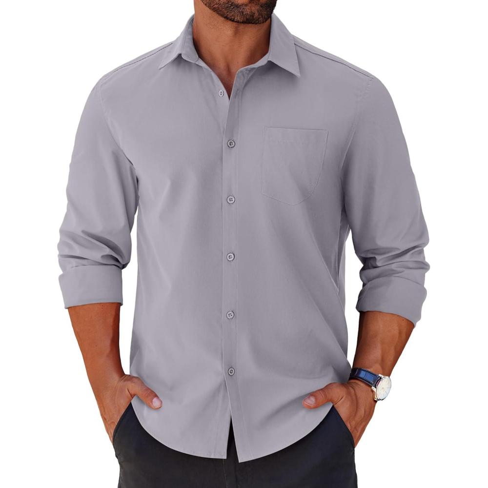 imageCOOFANDY Mens Long Sleeve Button Down Shirts Casual Untucked Shirts for Men Dress Shirts Wedding ShirtsLight Grey