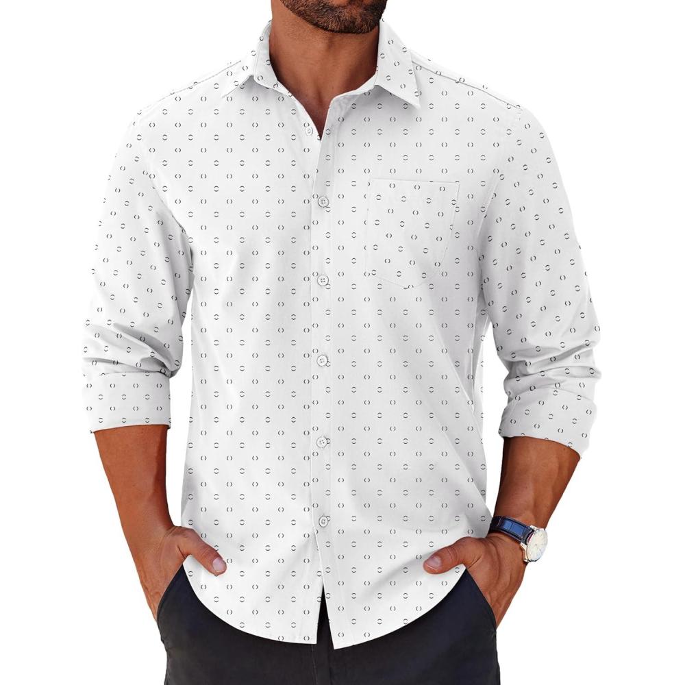 imageCOOFANDY Mens Long Sleeve Button Down Shirts Casual Untucked Shirts for Men Dress Shirts Wedding ShirtsWhite Semicircle