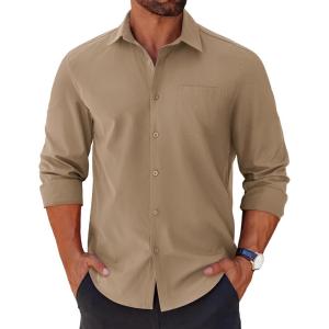 COOFANDY Mens Long Sleeve Button Down Shirts Casual Untucked Shirts for Men Dress Shirts Wedding Shirts(Khaki)