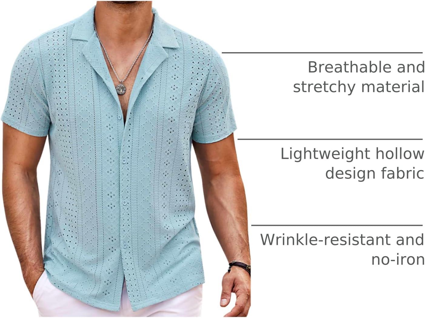 imageCOOFANDY Mens Beach Shirt Short Sleeve Button Down Shirts Casual Cuban Collared Summer Vacation Tropical ShirtsLight Blue