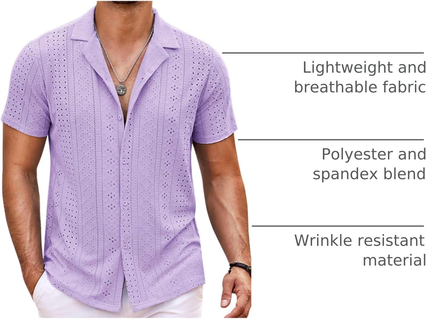 imageCOOFANDY Mens Beach Shirt Short Sleeve Button Down Shirts Casual Cuban Collared Summer Vacation Tropical ShirtsLight Purple