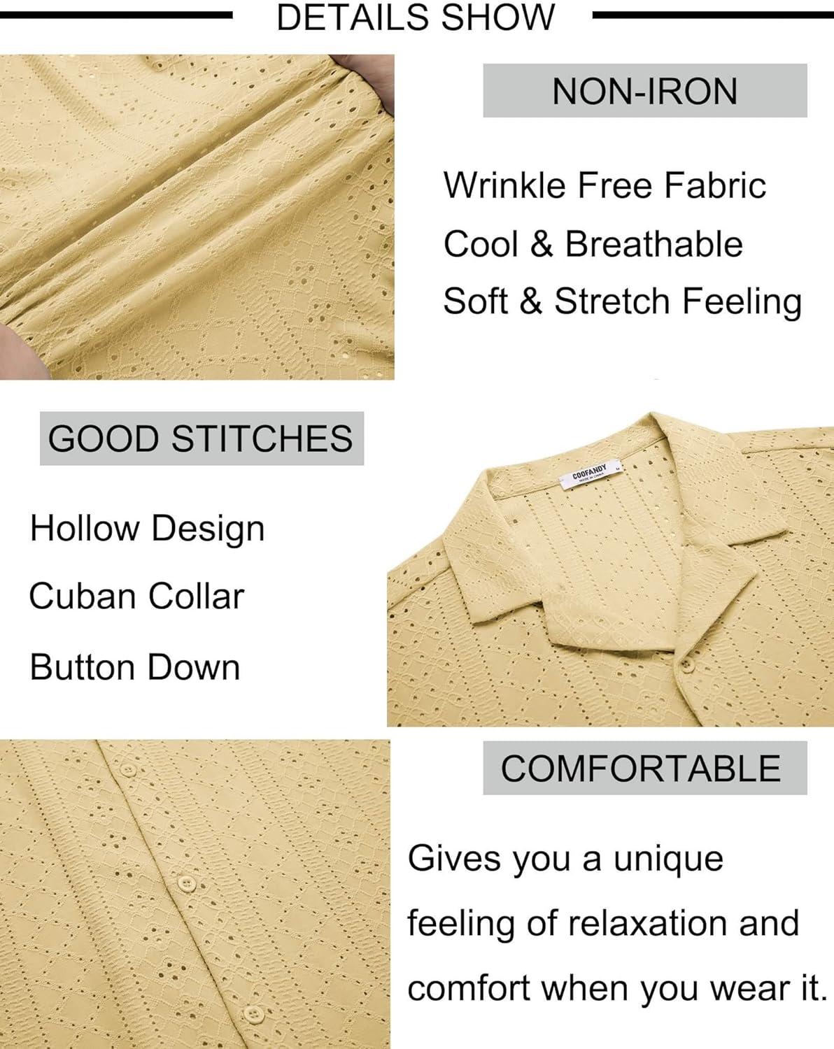 imageCOOFANDY Mens Beach Shirt Short Sleeve Button Down Shirts Casual Cuban Collared Summer Vacation Tropical ShirtsLight Yellow