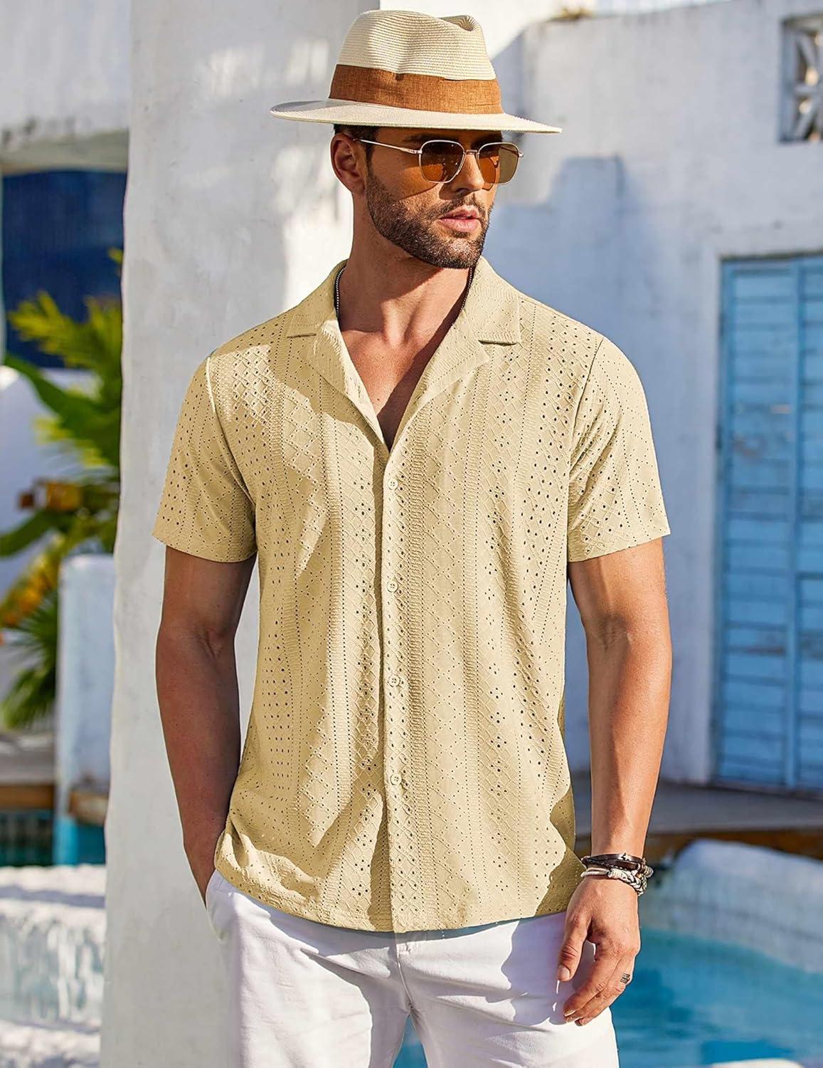 imageCOOFANDY Mens Beach Shirt Short Sleeve Button Down Shirts Casual Cuban Collared Summer Vacation Tropical ShirtsLight Yellow