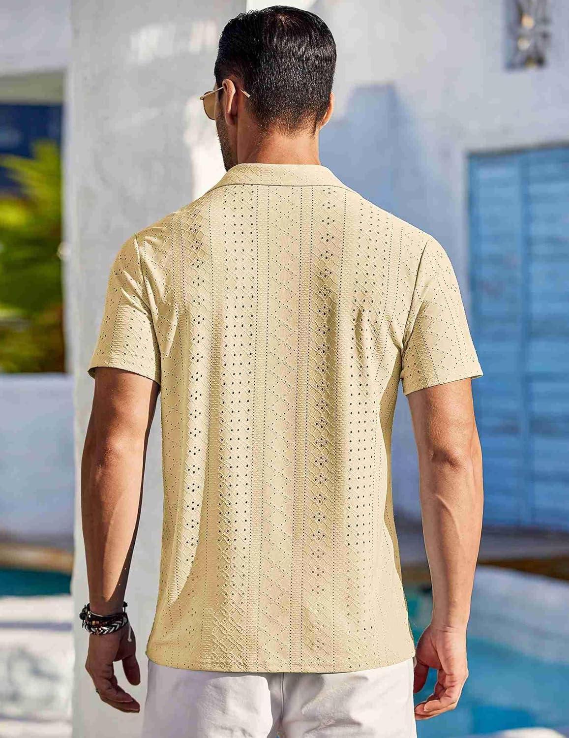imageCOOFANDY Mens Beach Shirt Short Sleeve Button Down Shirts Casual Cuban Collared Summer Vacation Tropical ShirtsLight Yellow