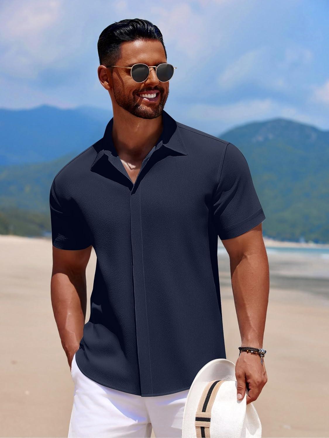 imageCOOFANDY Mens Beach Shirt Short Sleeve Button Down Shirts Casual Cuban Collared Summer Vacation Tropical ShirtsMedieval Blue