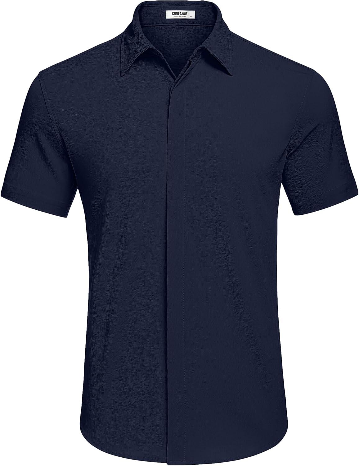 imageCOOFANDY Mens Beach Shirt Short Sleeve Button Down Shirts Casual Cuban Collared Summer Vacation Tropical ShirtsMedieval Blue