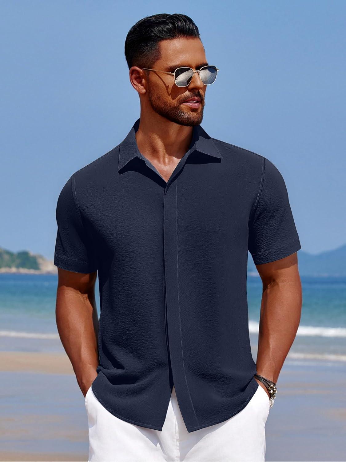 imageCOOFANDY Mens Beach Shirt Short Sleeve Button Down Shirts Casual Cuban Collared Summer Vacation Tropical ShirtsMedieval Blue