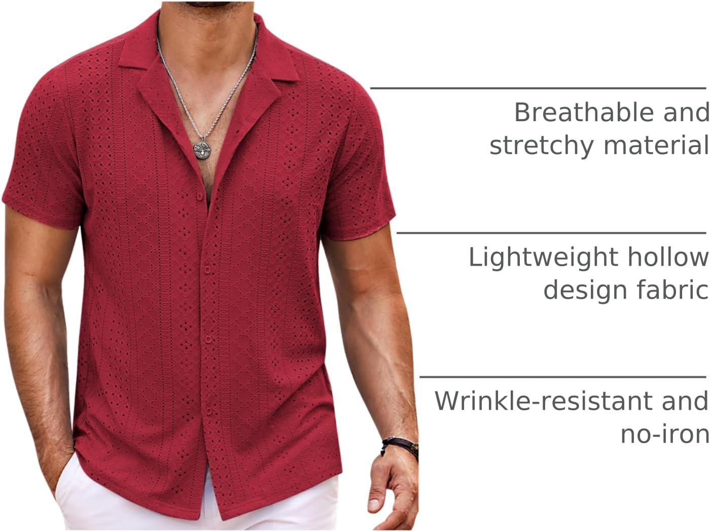 imageCOOFANDY Mens Beach Shirt Short Sleeve Button Down Shirts Casual Cuban Collared Summer Vacation Tropical ShirtsWine Red
