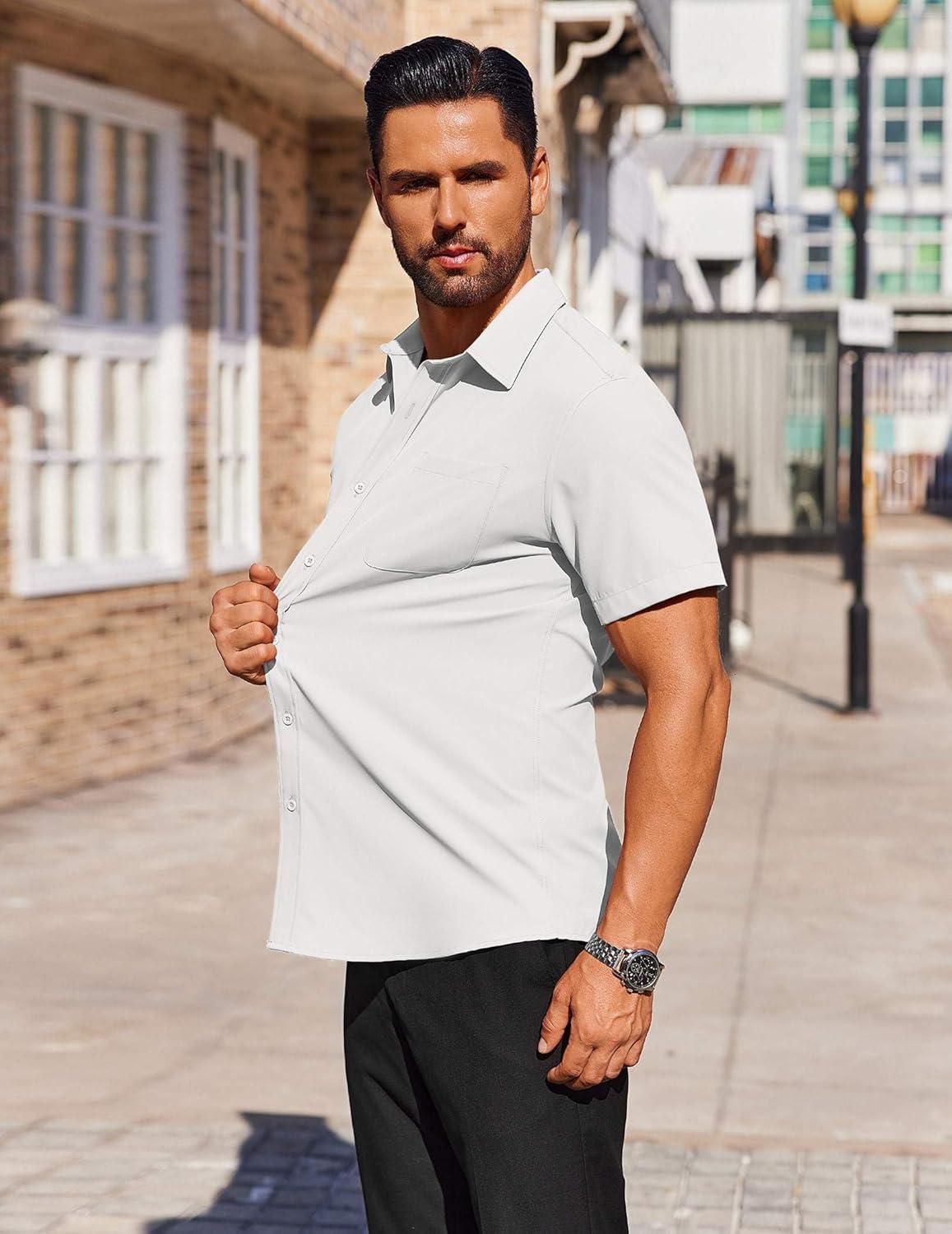 imageCOOFANDY Mens Button Down Short Sleeve Shirt Wrinkle Free Dress Shirts Stretch Casual Untucked Shirts White