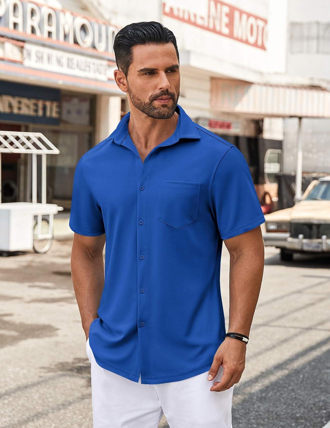 imageCOOFANDY Mens Casual Button Down Shirt Untucked Short Sleeve Strech Wrinkle Free Dress ShirtsBlue
