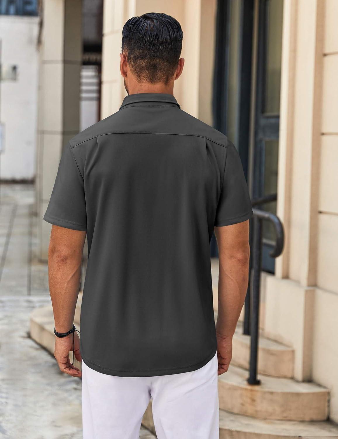 imageCOOFANDY Mens Casual Button Down Shirt Untucked Short Sleeve Strech Wrinkle Free Dress ShirtsDeep Grey