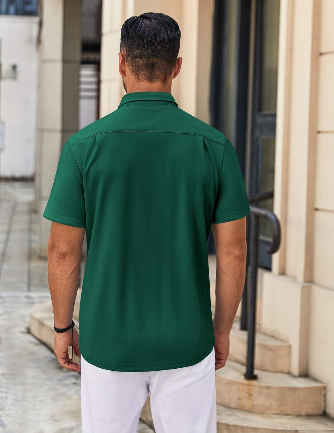 imageCOOFANDY Mens Casual Button Down Shirt Untucked Short Sleeve Strech Wrinkle Free Dress ShirtsEvergreen