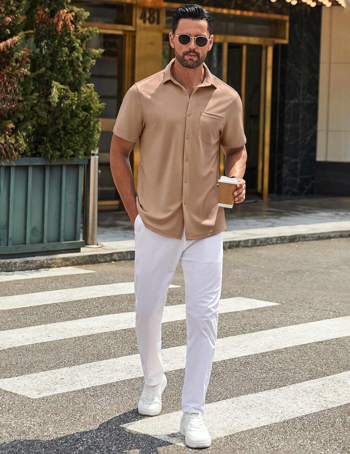 imageCOOFANDY Mens Casual Button Down Shirt Untucked Short Sleeve Strech Wrinkle Free Dress ShirtsKhaki