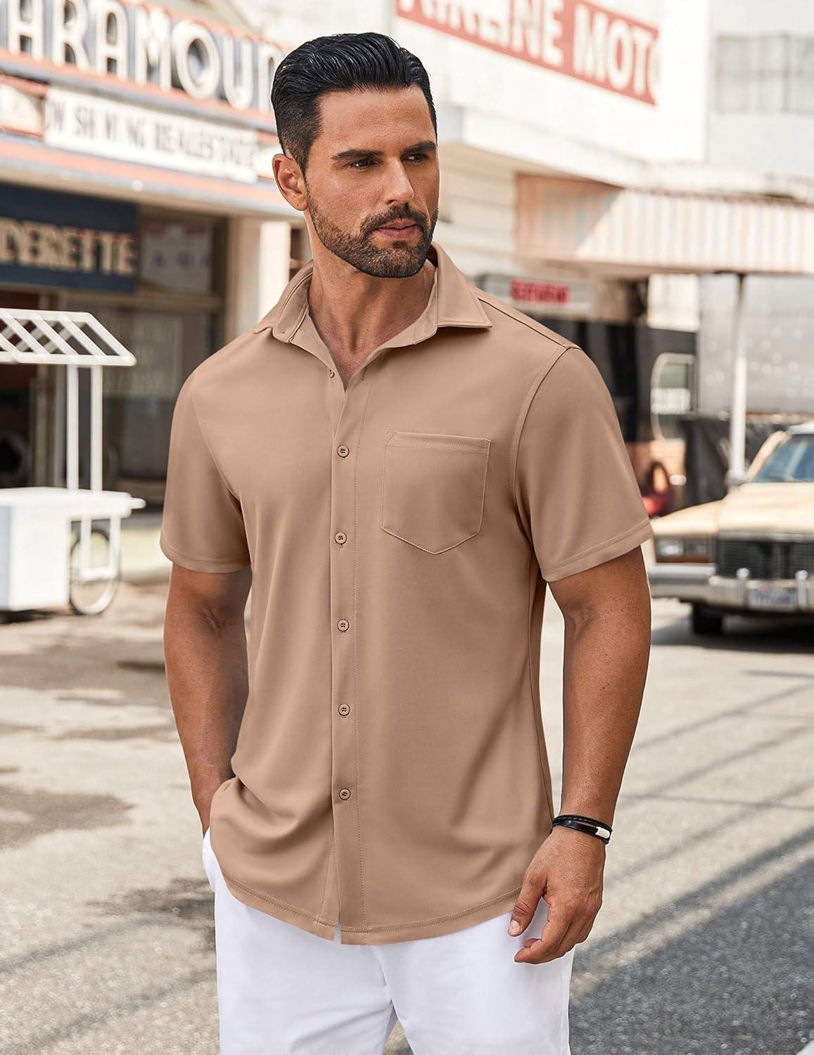 imageCOOFANDY Mens Casual Button Down Shirt Untucked Short Sleeve Strech Wrinkle Free Dress ShirtsKhaki