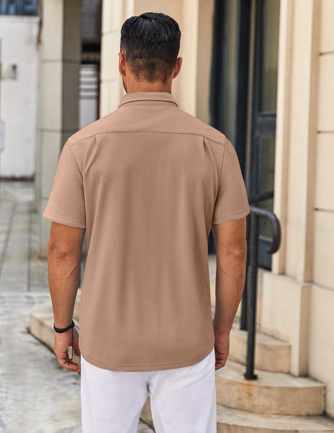 imageCOOFANDY Mens Casual Button Down Shirt Untucked Short Sleeve Strech Wrinkle Free Dress ShirtsKhaki